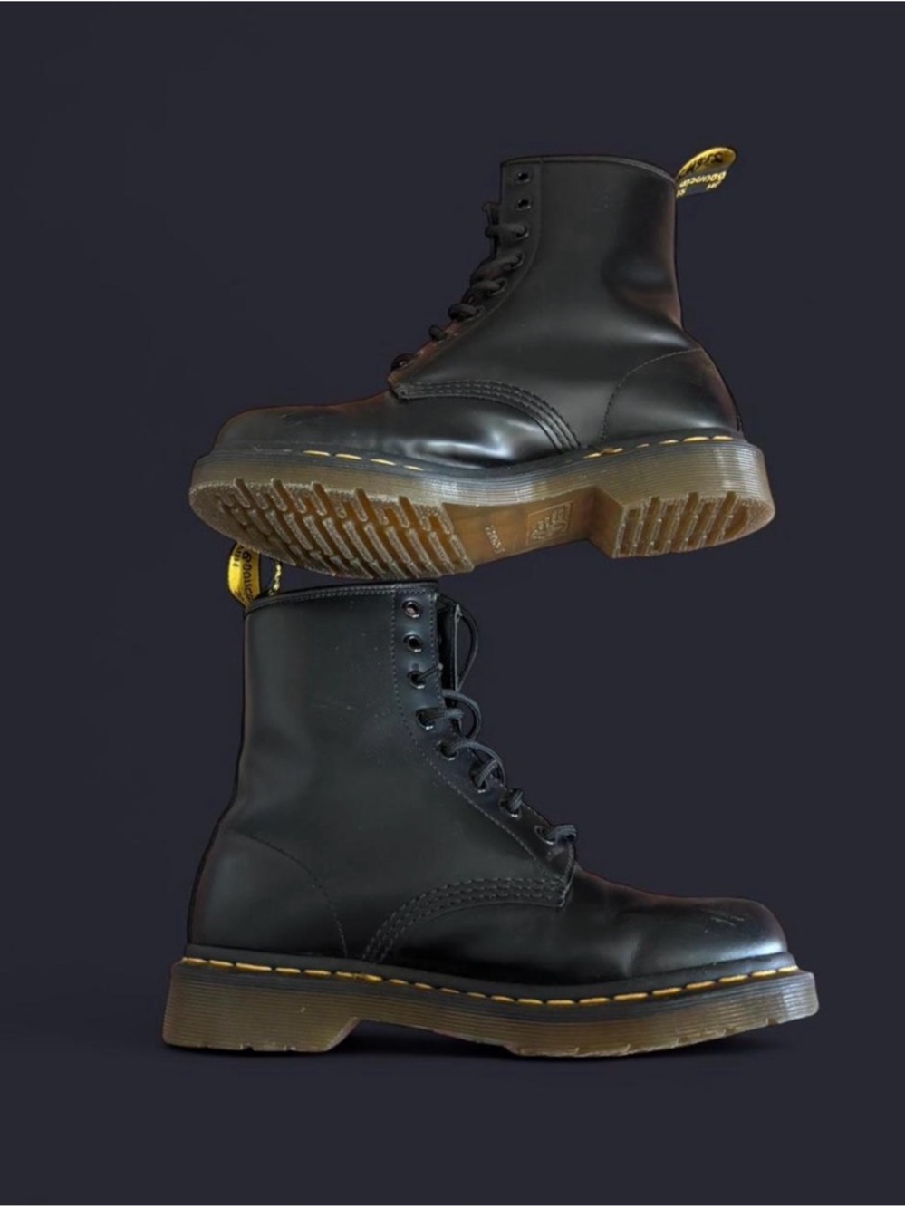 Dr. Martens Black Leather Lace-Up Boots with Yellow Stitching - Picture 2 of 8